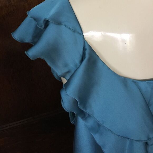 Kenar satiny teal ruffle neckline top, large - Picture 2 of 4